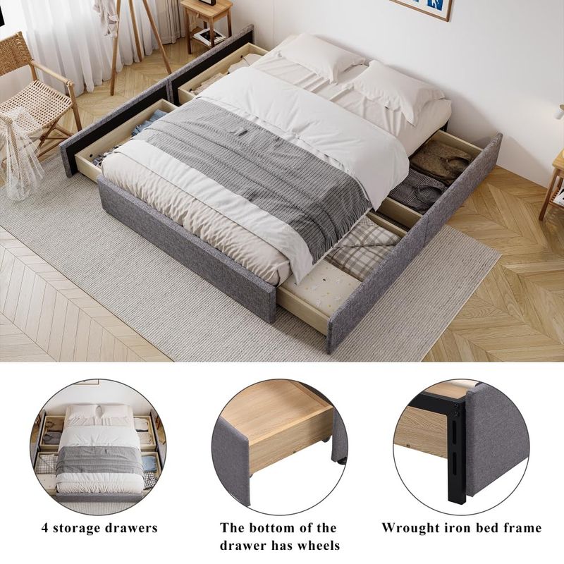 CREASION 4ft6 Storage Upholstered Bed - 4-Drawer, Iron Legs, Durable & Sturdy, Linen & Iron, Grey 135x190cm_voghion.com