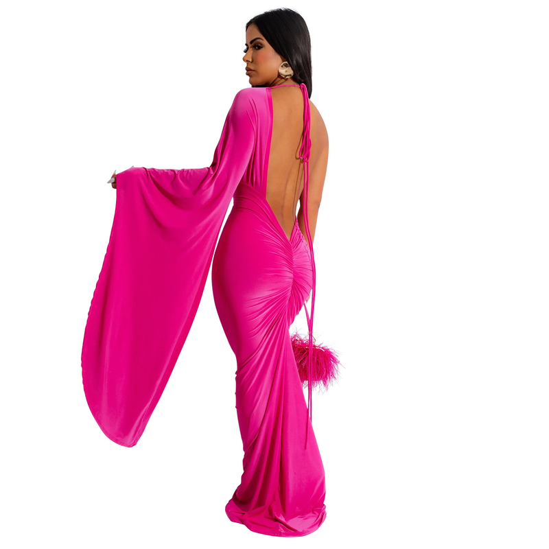 Abito da donna con gonna lunga senza schienale in tinta unita con maniche a spalla singola_voghion.com