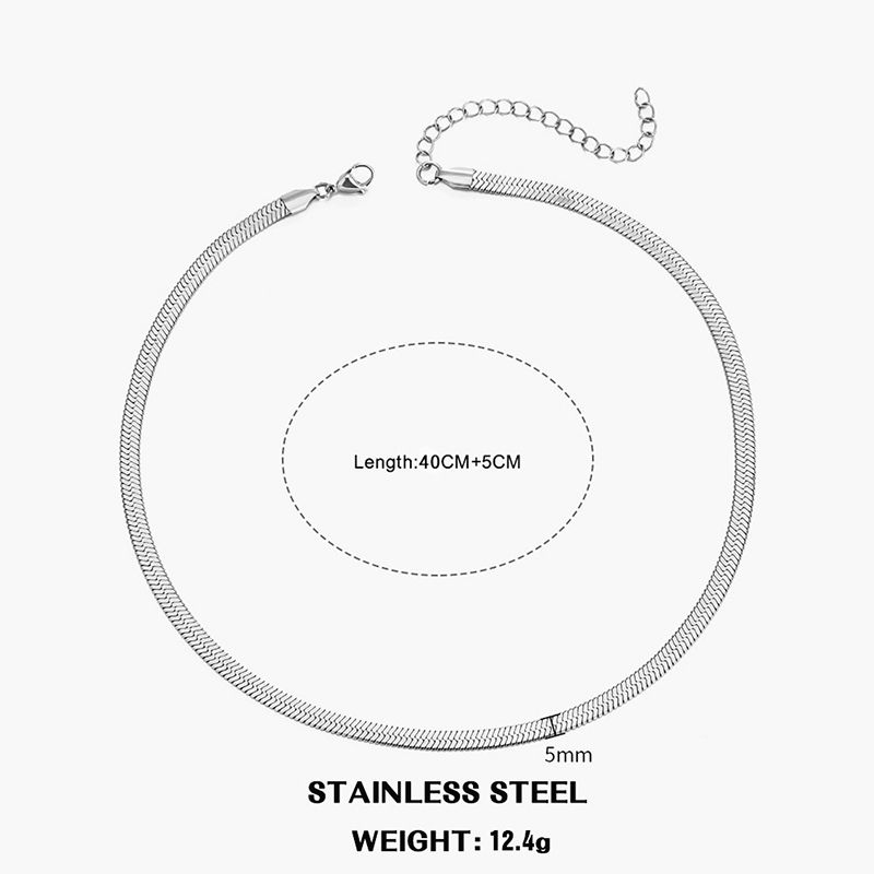 Collar gargantilla unisex clásico de cadena plana tipo serpiente para mujer, de acero inoxidable con diseño de espiga en color oro y plata. Joyería de moda, ideal para regalo._voghion.com