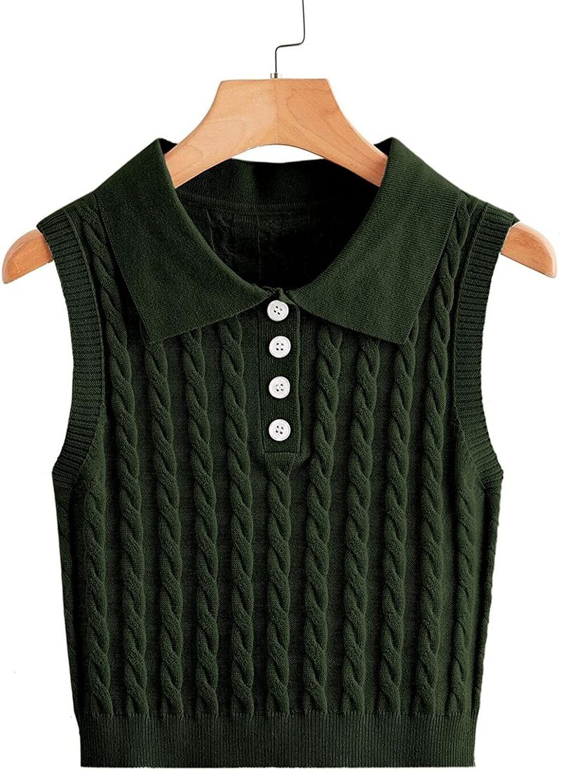 Women's Clothing sweater women's knitted vest twisted sleeveless lapel button pullover small vest_voghion.com