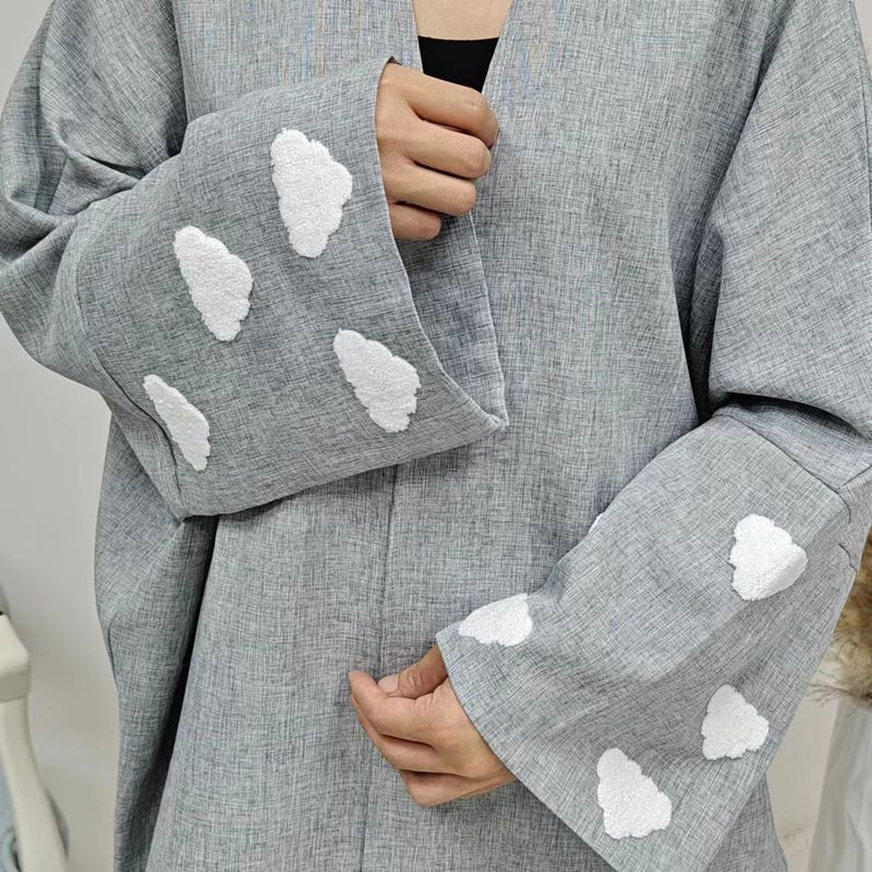 Robe cardigan élégante avec broderie de nuages, mode dubaï turquie_voghion.com