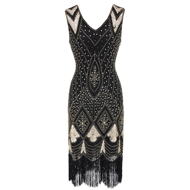 Rochie elegantă cu ciucuri și decolteu în V, în stilul anilor 1920, cu paiete_voghion.com