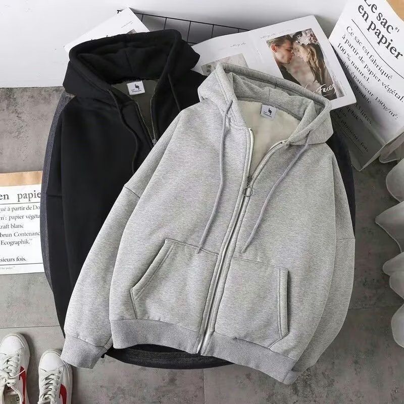 Unisex Fleece-Lined Hooded Zip-Up Sweatshirt - Oversized Winter Pullover For Couples & Students (M-3XL, Grey/Black)_voghion.com