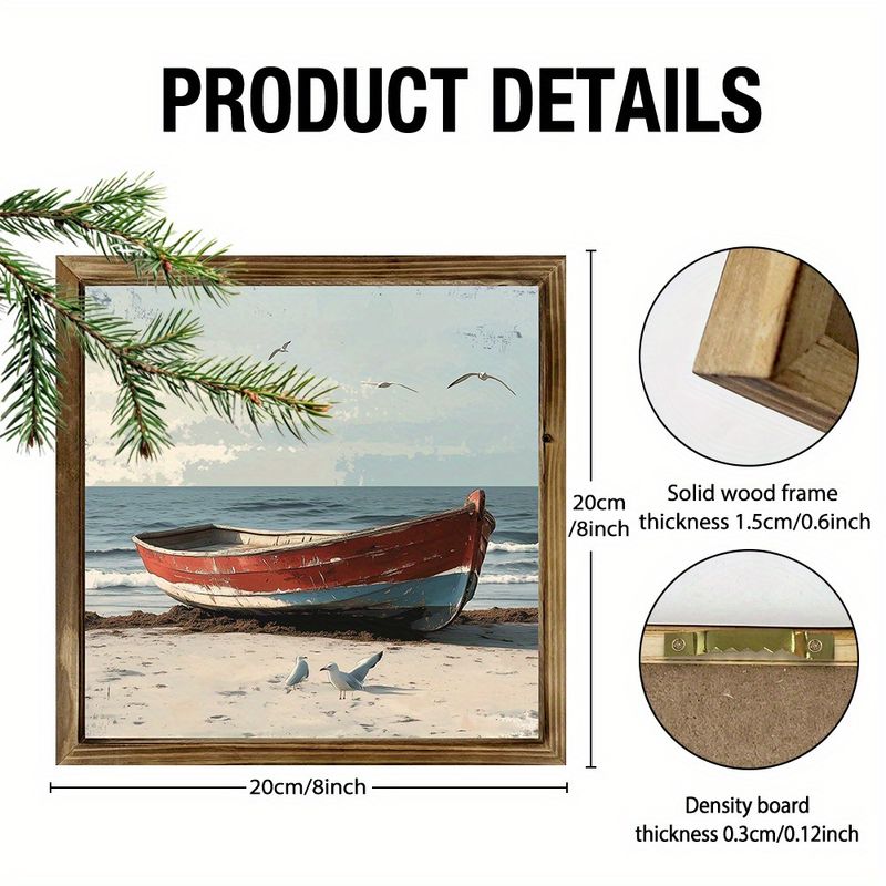 Placa de madeira costeira vintage "8x8" - Cena de praia com barco e gaivota. Decoração rústica de verão para quarto ou escritório. Presente de Natal perfeito._voghion.com