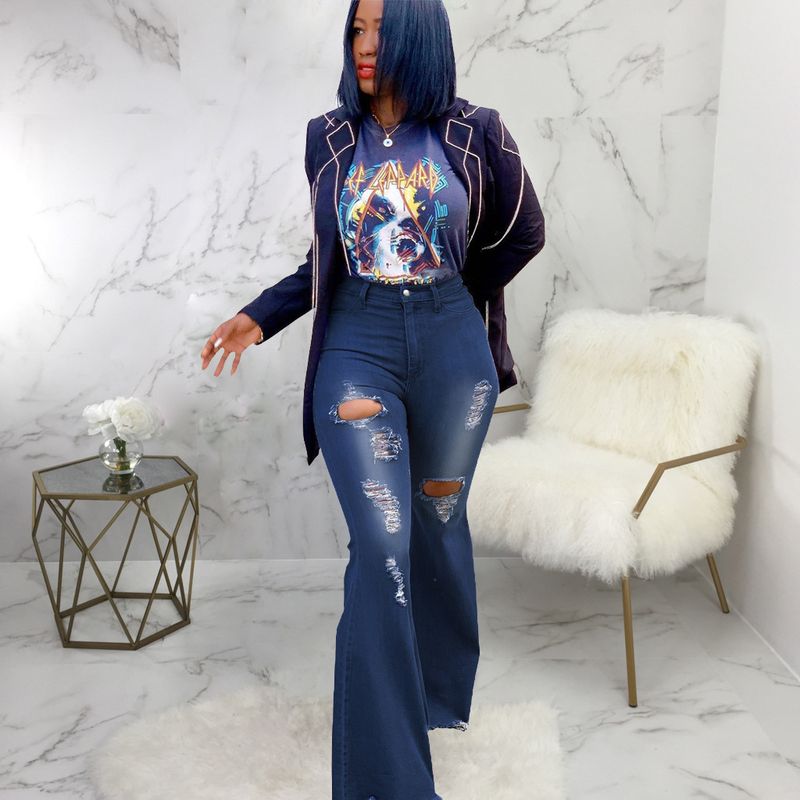 Modische Damenbekleidung mit weitem Bein, ausgewaschener, zerrissener Denim-Stretch-Schlaghose_voghion.com
