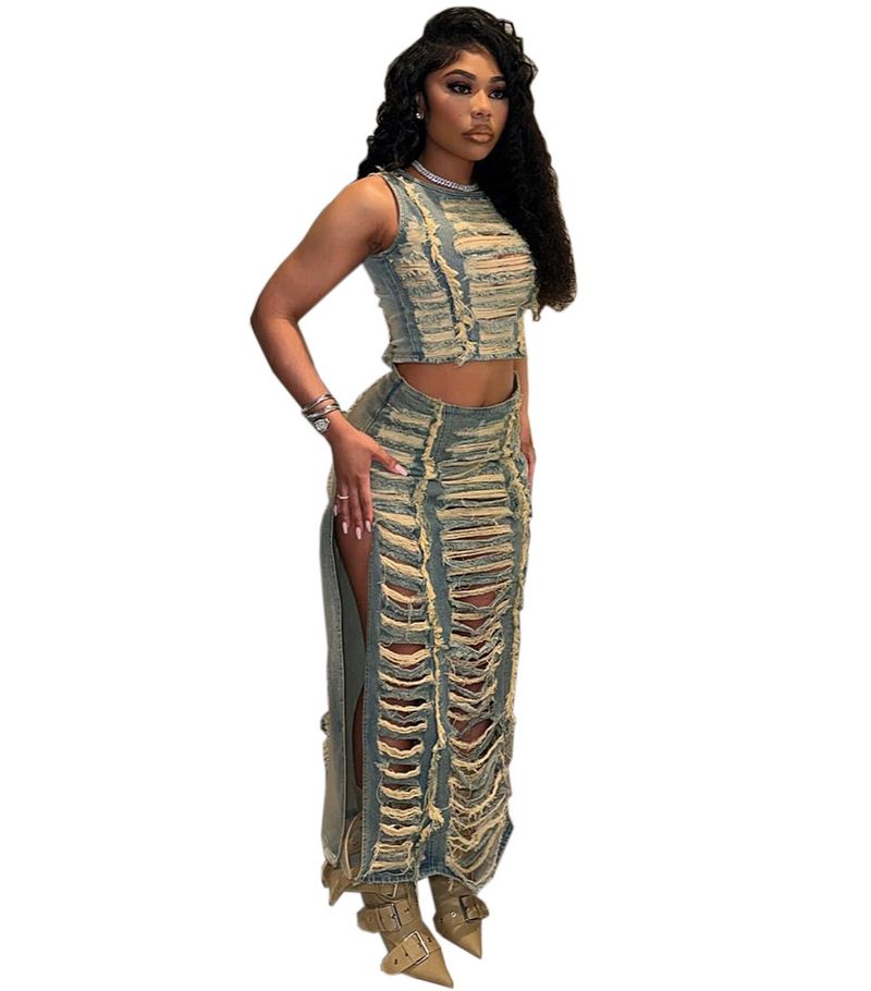 Dameskleding Dames Denim Pakken Dameskleding Trend Persoonlijkheid Handgedragen Vest Split Denim Rok_voghion.com