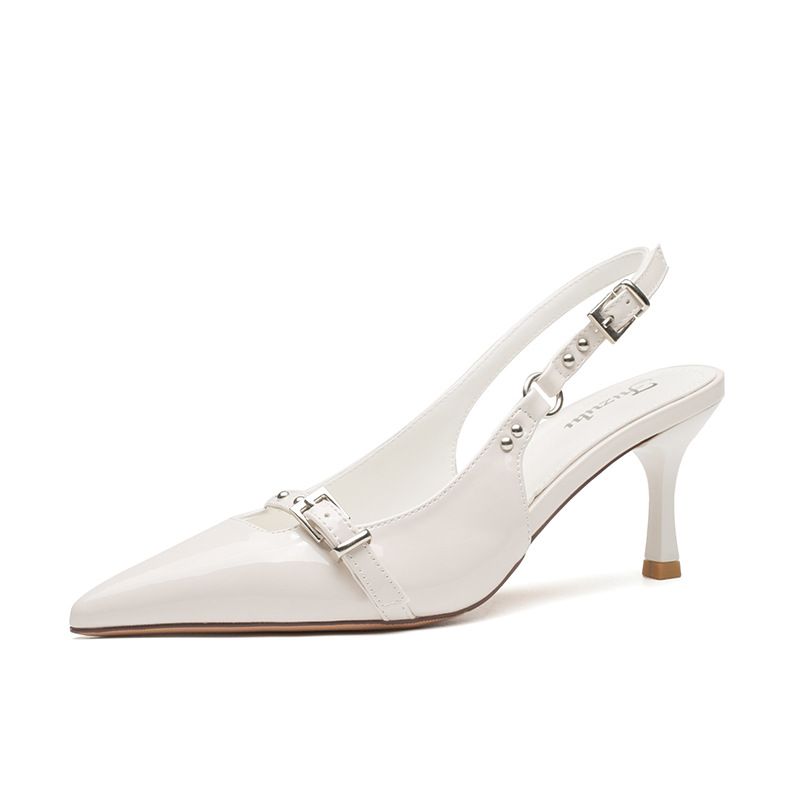 UR High Heels 2025 Summer New Punk Style Lacquered Leather Fine Heel Texture Fashionable Temperament Rear Air Shallow_voghion.com