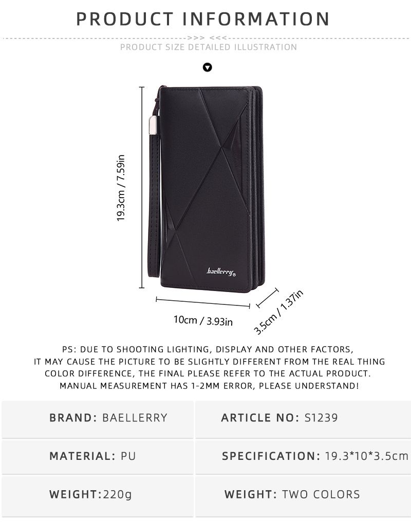 New men's long wallet baellerry cross-border multi-card slot zipper clutch business plain handbag men_voghion.com