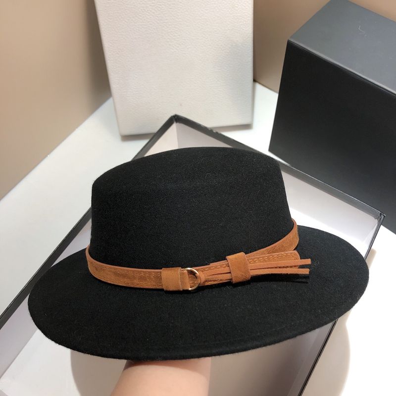 Cappello a cilindro piatto grande in lana australiana, stile britannico, con cintura e frange, cappello da jazz, stile Hepburn, unisex_voghion.com