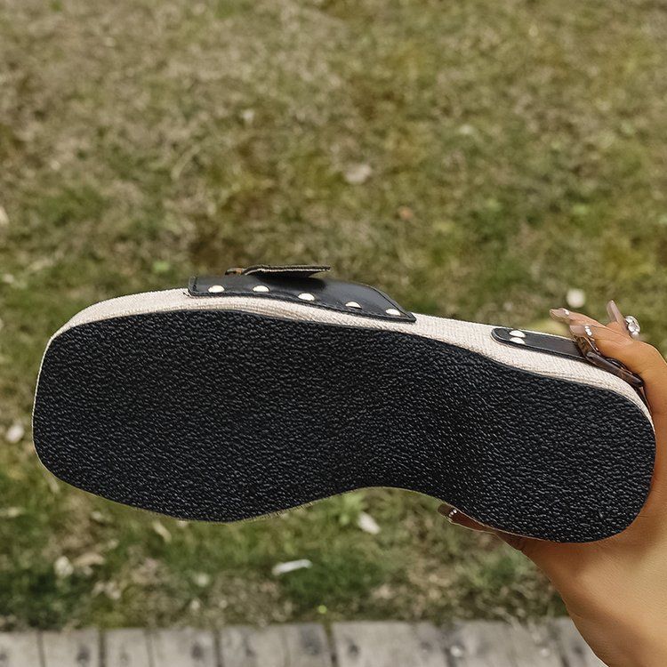 Women's Shoes Large Size 43 Square Heel Thick Sole Heightening Style One Strap Sandals Summer Buckle Rivet Women's Shoes_voghion.com
