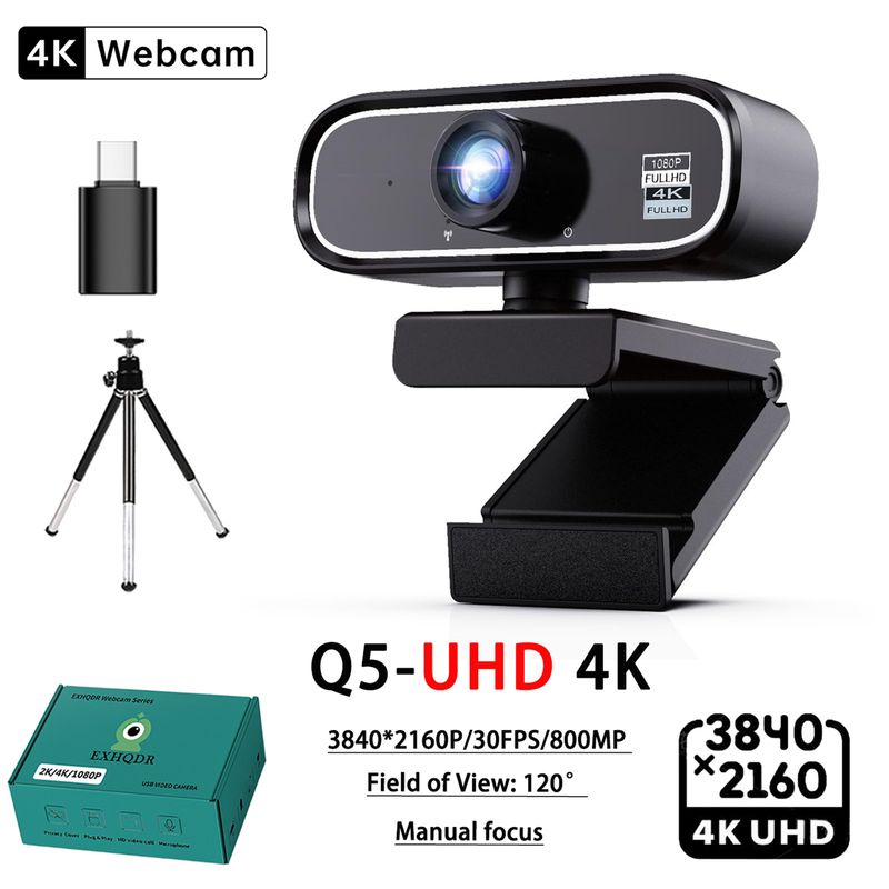 Webcam USB EXHQDR UHD 4K, nuovo modello aggiornato con obiettivo grandangolare da 120° e messa a fuoco manuale. Questo computer plug-and-play_voghion.com
