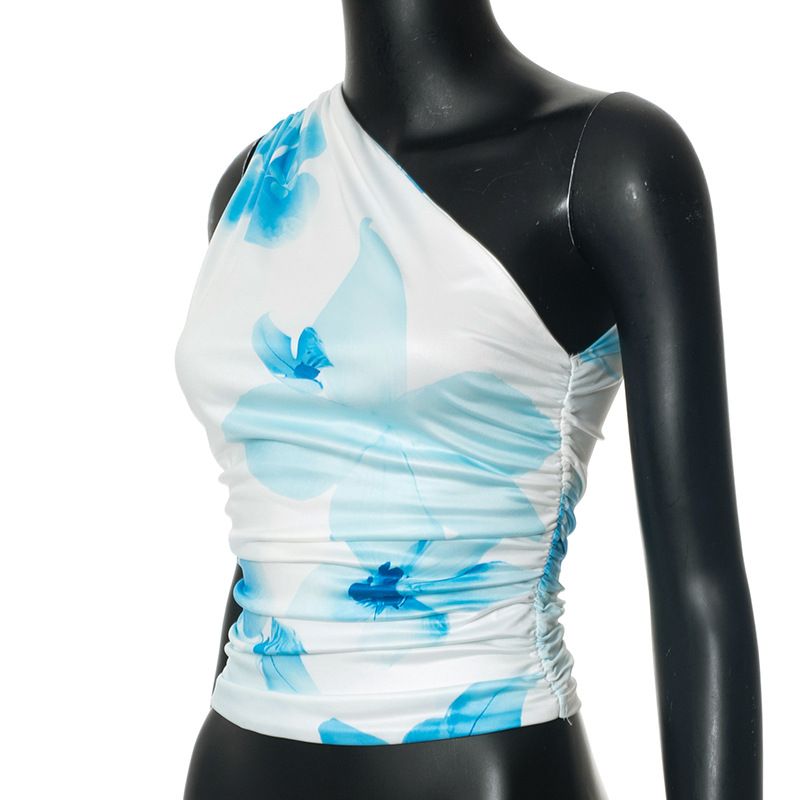 Vêtements pour femmes, nouveaux hauts d'été sans manches à col oblique et épaules dénudées, imprimés sexy, couleur contrastée_voghion.com