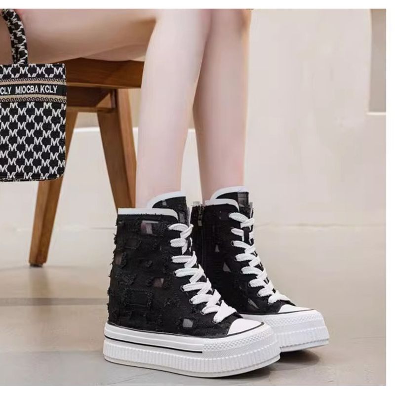 Fashion Leather Soft Bottom Thick Bottom Heightening Canvas Shoes Women's 2025 Spring And Summer New Season Mesh Breathable Hole Shoes_voghion.com