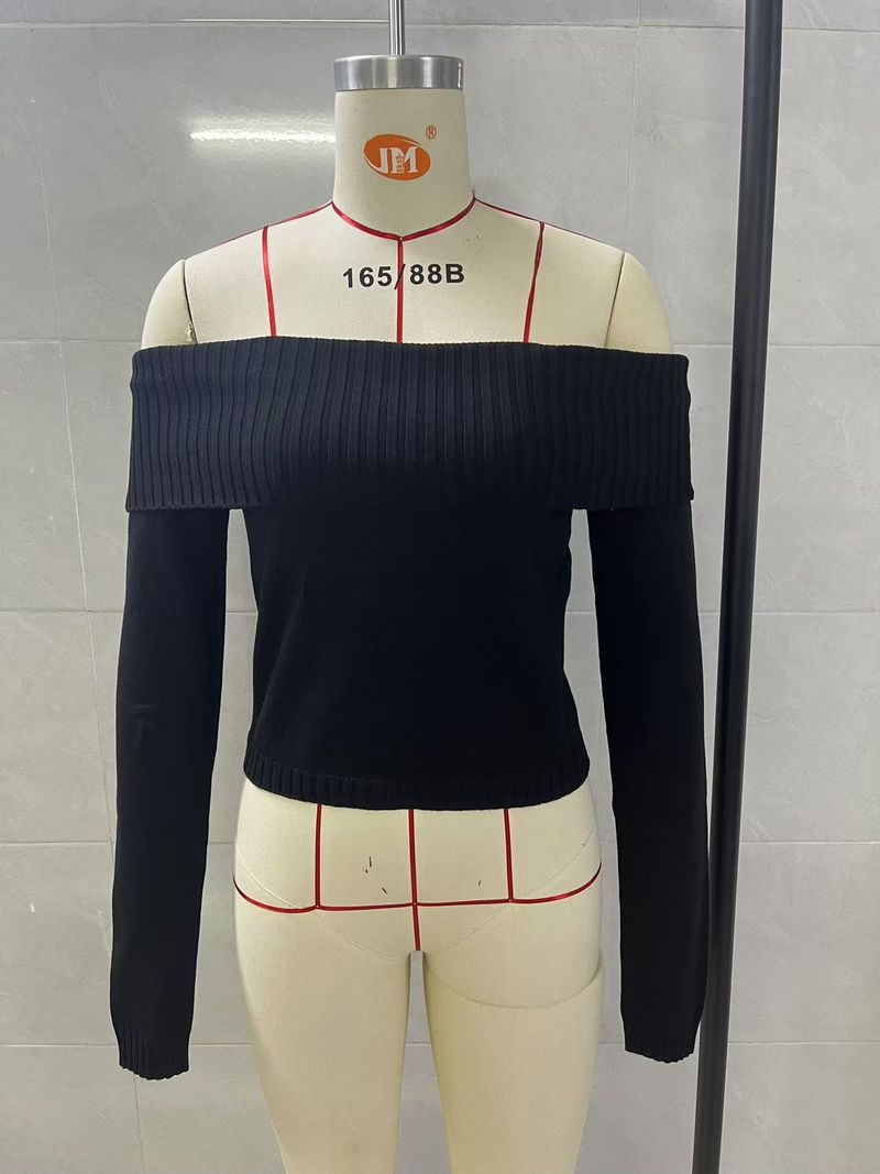 2025 Frühjahr Neues Strickoberteil Damen Einfarbiger Off-Shoulder Langarm Pullover_voghion.com
