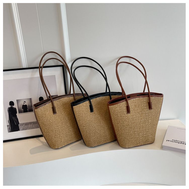 Women's Bucket Bag Woven Bag Fashion Striped Straw Braid Holiday Beach Style Armpit Bag Commute Seaside Simple Handheld Bucket Bag_voghion.com