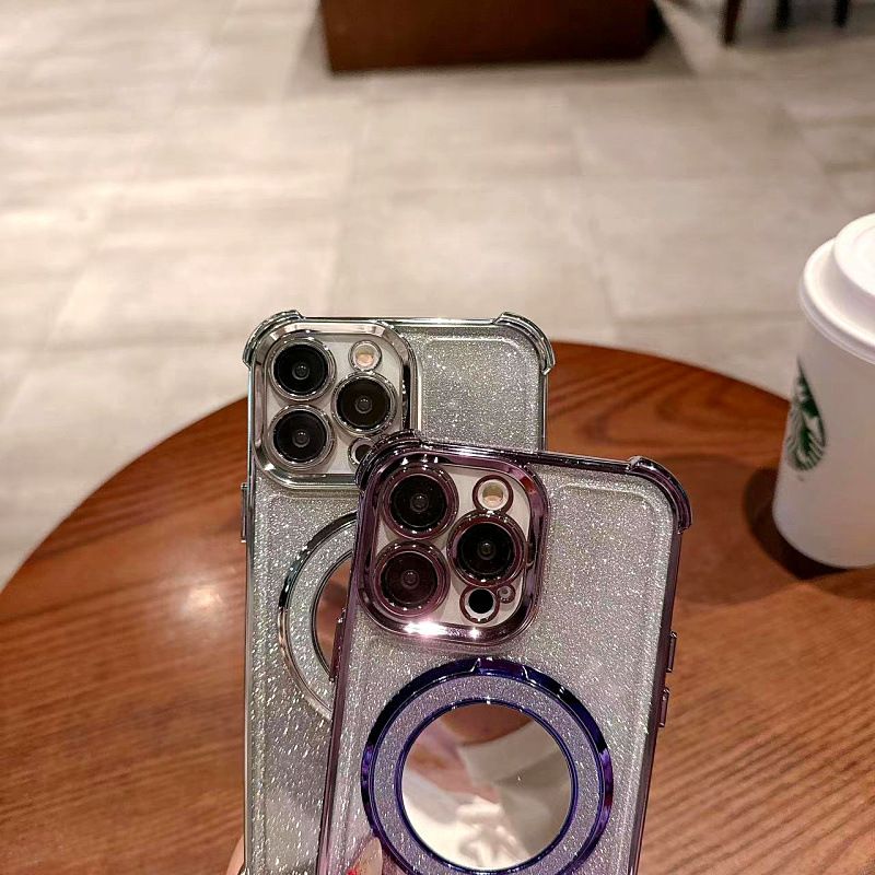 Étui miroir compact magnétique à paillettes pour iPhone 16 - Miroir de maquillage intégré avec support rotatif à 360°, cache d'objectif d'appareil photo galvanisé_voghion.com