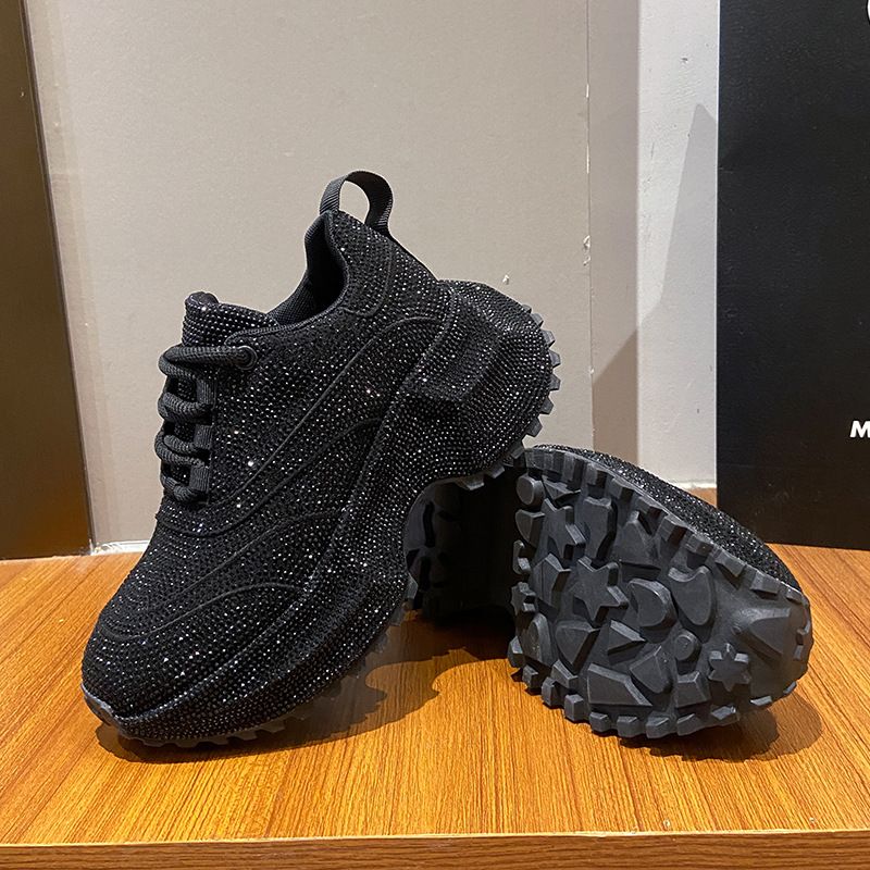 Modische Damen-Sneaker mit Strasssteinen – klobige Plateauschuhe für mehr Körpergröße, atmungsaktives Obermaterial aus PU, lässige und trendige Low-Top-Schnürschuhe_voghion.com