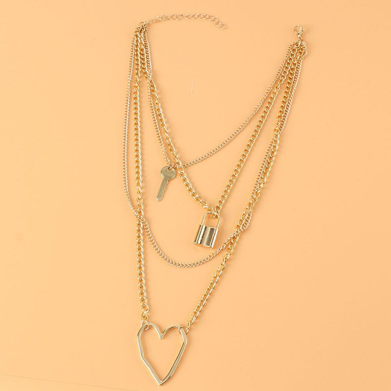 Geometric Heart Pendant Necklace Simple Personality Lock Shaped Multi Layer Clavicle Chain Cross Border Necklace For Women_voghion.com