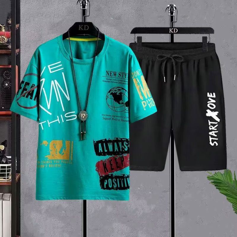 Ice Silk Summer Men's Korean Style Casual Comfortable Basketball Beach Sports T-Shirt Short Sleeve Two-Piece Set_voghion.com