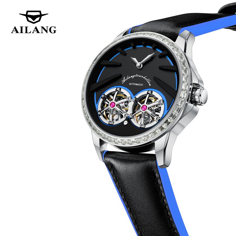 AILANG Original Marke Herren Doppel Tourbillon Uhr Mode Lederband Wasserdicht Luxus Diamant Lünette Mechanische Uhren Männer_voghion.com
