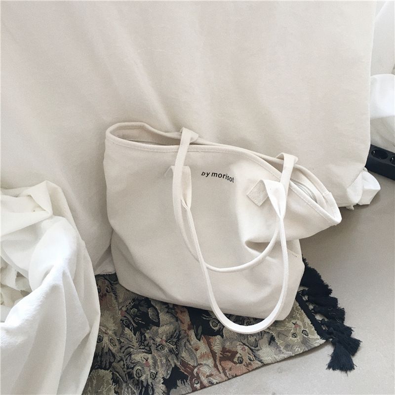 Korean New Versatile Large Capacity Letter Zipper Canvas Minimalist Style Women's Shoulder Casual Tote Bag_voghion.com