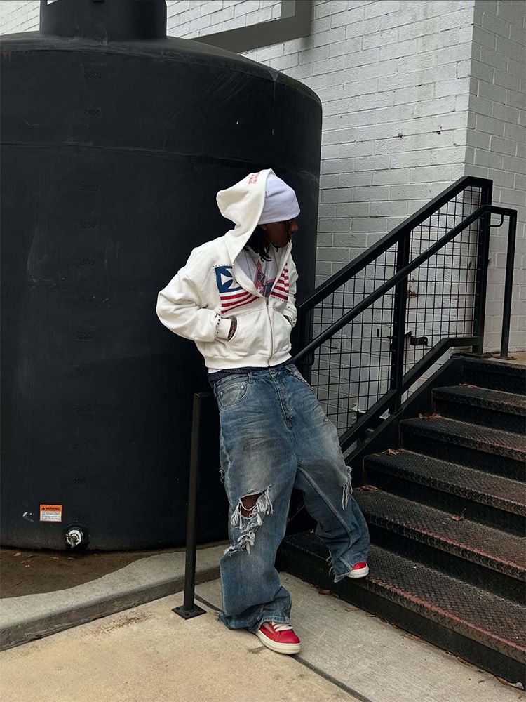 Felpa con cappuccio e zip ricamata Y2K Streetwear da uomo - Pullover retrò oversize con dettagli in strass, nero e bianco_voghion.com