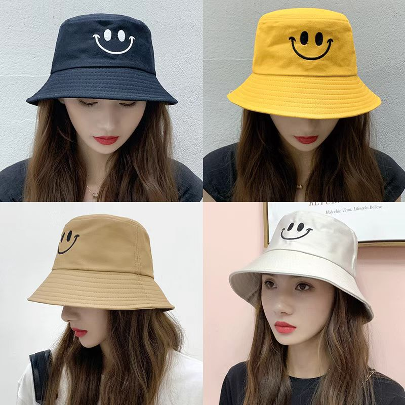 Women's Double-sided Embroidered Smiley Fisherman Hat Wholesale Double Sided with Basin Cap Seasonal Sun Hat Bucket Hat_voghion.com