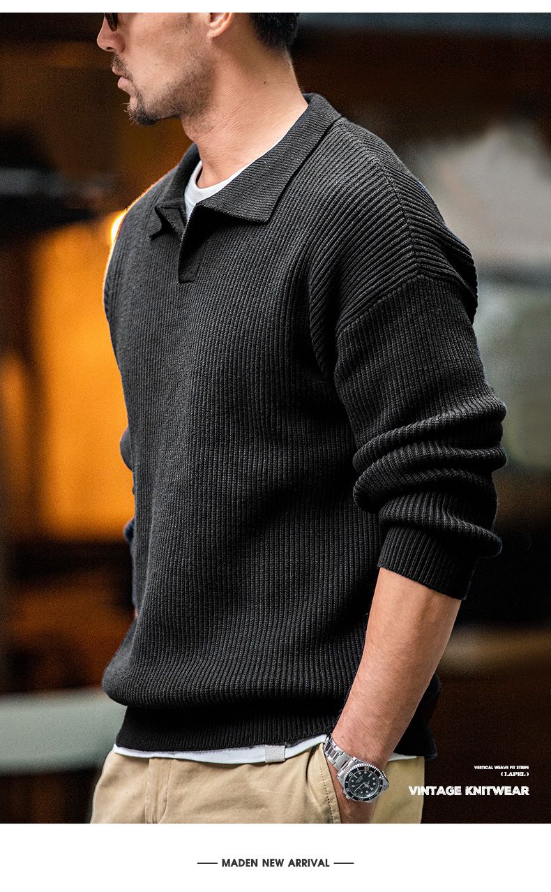 Polo da uomo in maglia vintage - Maglione con colletto a coste dalla vestibilità comoda per autunno e inverno_voghion.com