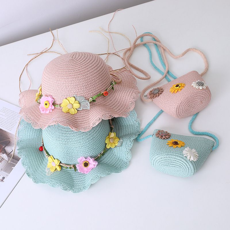 Børne stråpiges blomst, sommer åndbar bølgekant, skyggehat, beskyttelse af forældre-barn strand solhat taske_voghion.com