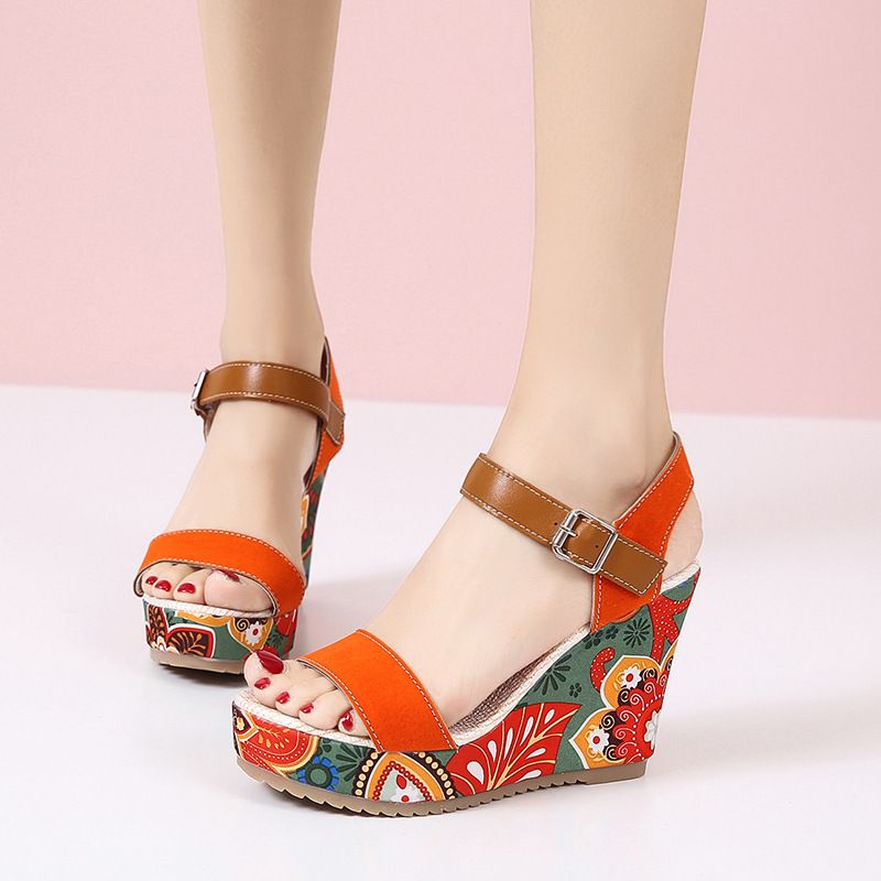 2025 New Large Shoes, High Sandals, Slope Heels, Embroidered One Word Buckle With Open Toe Thick Bottom, Women's_voghion.com
