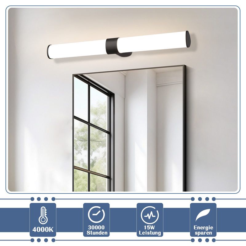 Glitzerlife LED Spiegelleuchte Schwarz Bad Spiegellampe - Wandlampe 8W IP44 Wasserdicht Neutralweiß 4000K Badlampe 60CM Schminklicht Für Badschrank Schminktisch_voghion.com