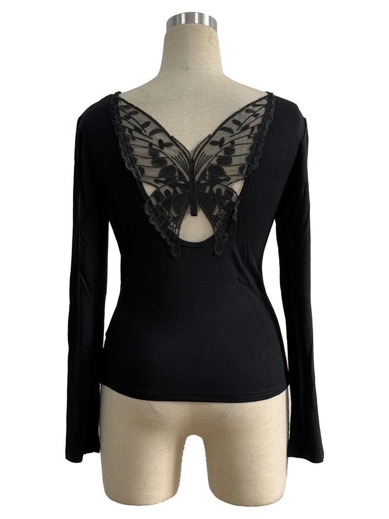 Elegant Solid Color Long Sleeve Top With Back Cutout & Butterfly Lace Trim – Slim-Fit Blouse For Work & Evening_voghion.com