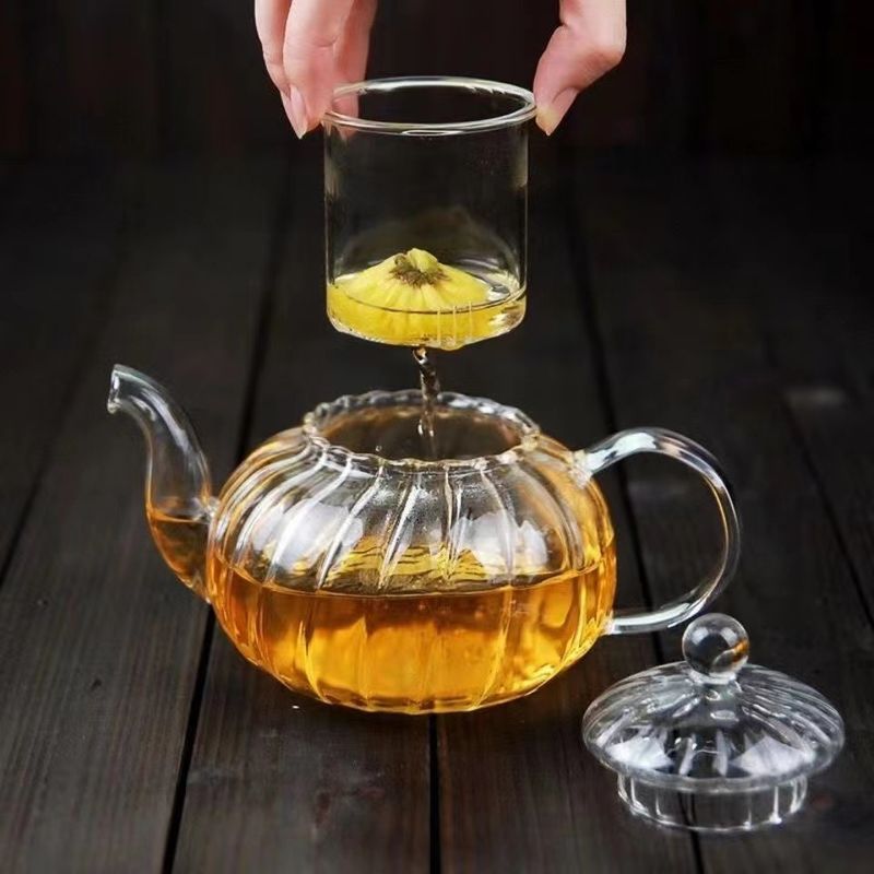 Striped Flower Teapot Thickened Glass Heat Resistant Explosion Proof Teapot Pumpkin Pot High Borosilicate High Temperature Resistant Flower Teapot_voghion.com