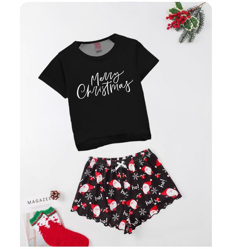 Pijama feminino de Natal, fino, manga curta, casual e simples, conjunto de duas peças para relaxar_voghion.com