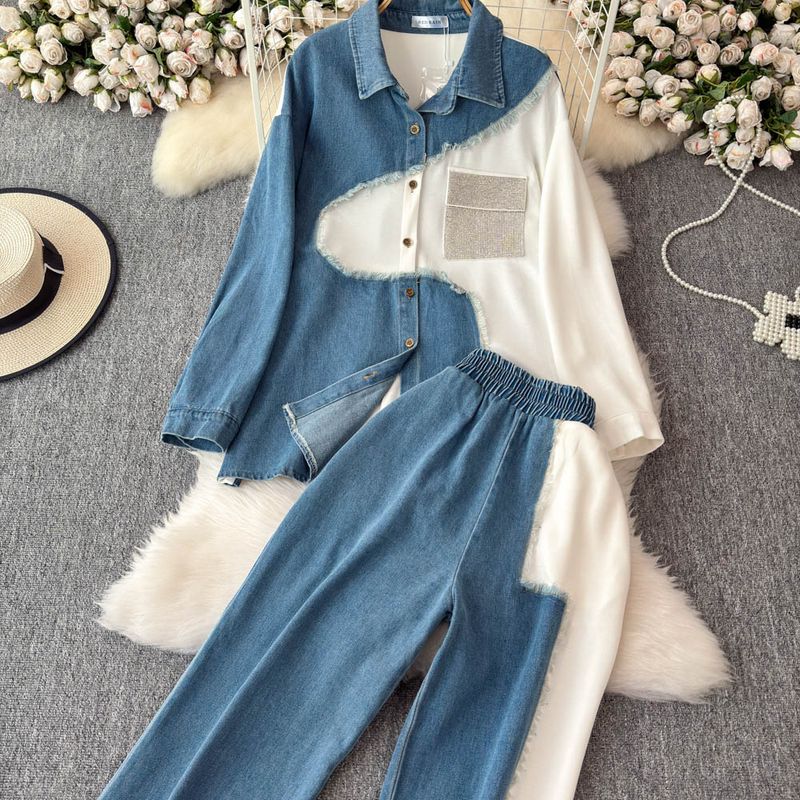 Damenbekleidung Designer-Jeanshemd mit Revers und Patchwork-Muster, langärmeliges Oberteil, Anzug für Frauen, hohe Taille, schmale, farblich passende Hose mit weitem Bein, zweiteiliger Anzug_voghion.com
