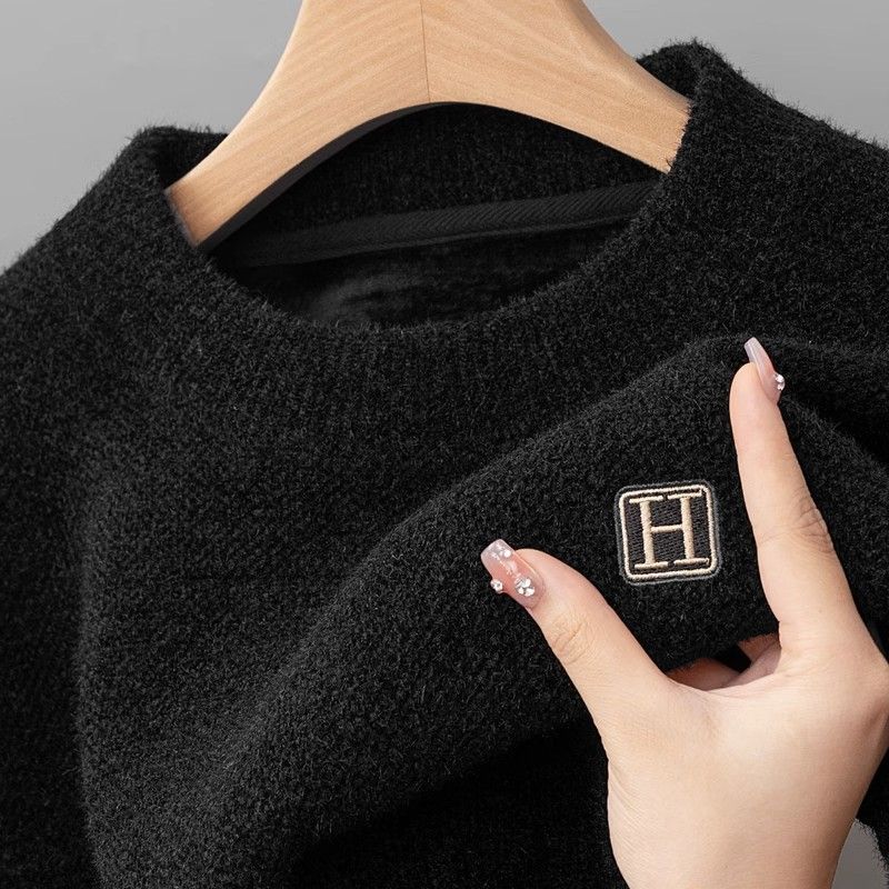 Men's Clothing One Piece Velvet High End Round Neck Sweater Men's Plus Velvet Warm Top Chenille Sweater Pullover Bottoming Shirt Inner Wear_voghion.com