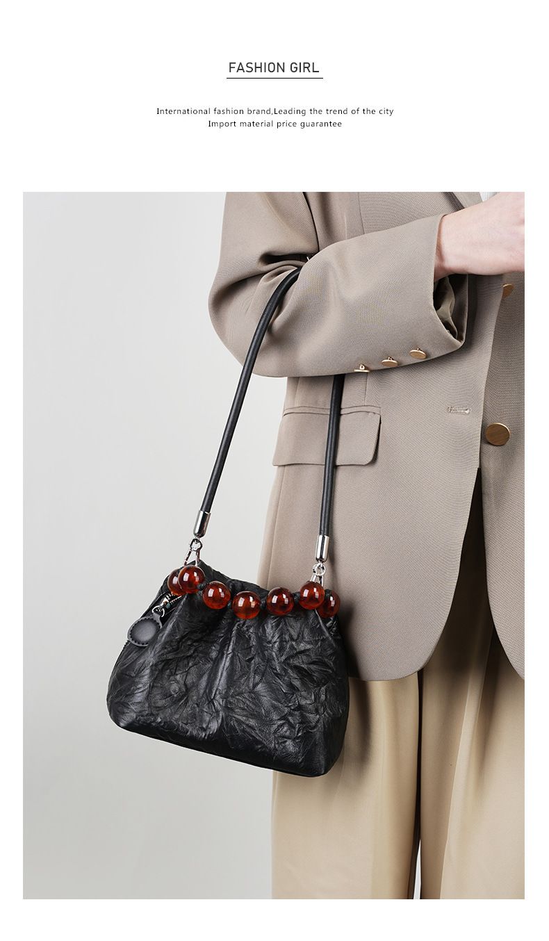 Borsa con perline, personalità, nicchia, primo strato, borsa in pelle di mucca, modello graffiato a mano da donna, borsa per il pranzo, borsa a tracolla con perline, tenuta a mano_voghion.com