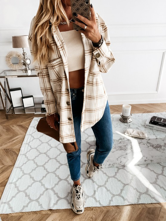 Cappotto a camicia a maniche lunghe scozzese retrò casual alla moda da donna_voghion.com