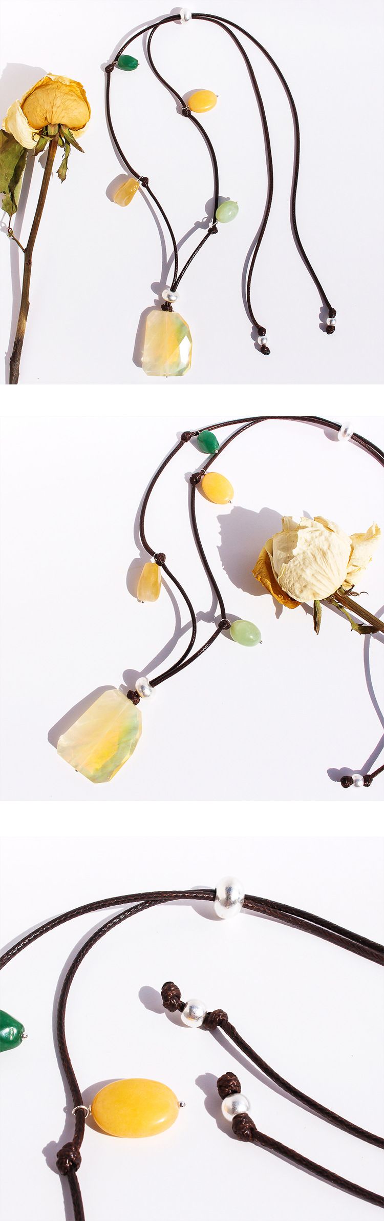 Women's Jewelry Long Statement Necklace With Natural Stone Pendant, Handmade Brass Beaded Boho Summer Fashion Accessory For Vacation_voghion.com
