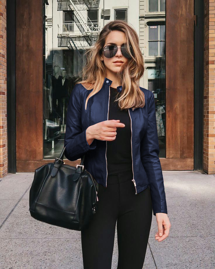 Spring Autumn Oversized Stand Collar Fashion Zipper Jacket Ladies Slim All-match PU Leather Coat Top Women Solid Color_voghion.com
