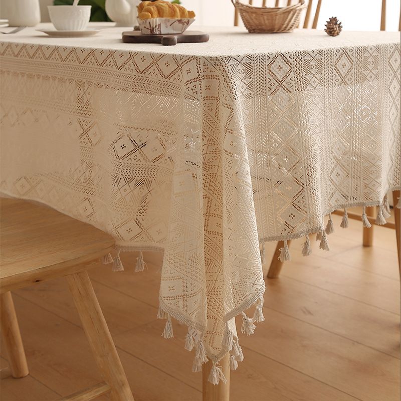 Boho Spitzentischdecke - Baumwoll- und Leinenmischung, Vintage-Baumhausstil, elegantes durchbrochenes Design für Esstisch_voghion.com