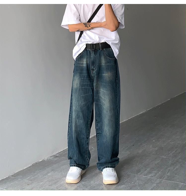 Gadebrede, afslappede og alsidige, løse, lige ben, vaskede denim-dadbukser til mænd og kvinder_voghion.com