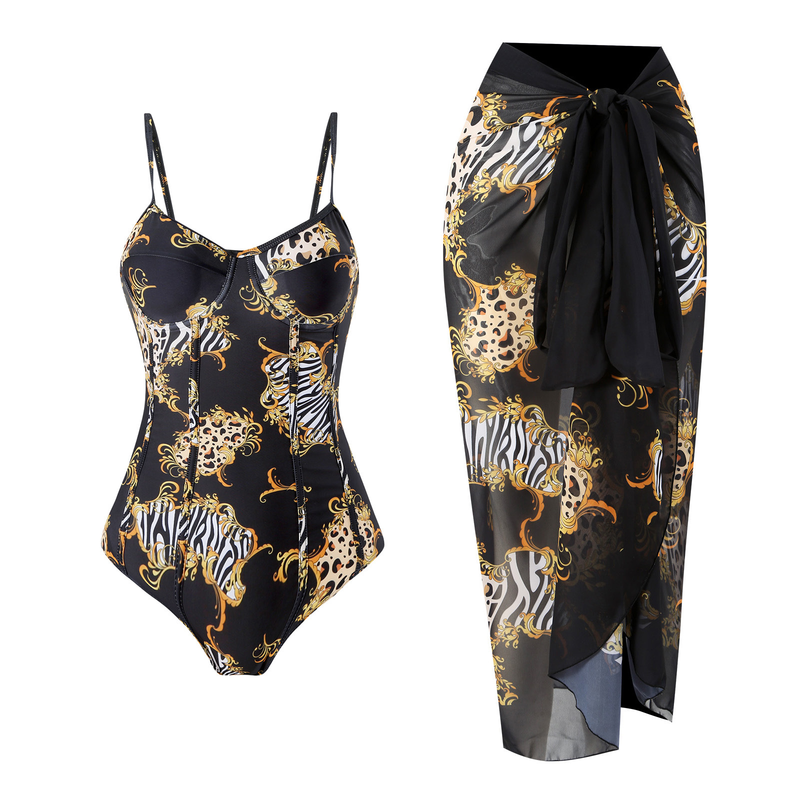 Maillot de bain rétro pour femmes, combinaison imprimée peinture à l'encre, jupe en gaze en mousseline de soie, pour vacances, maillot de bain de beauté_voghion.com
