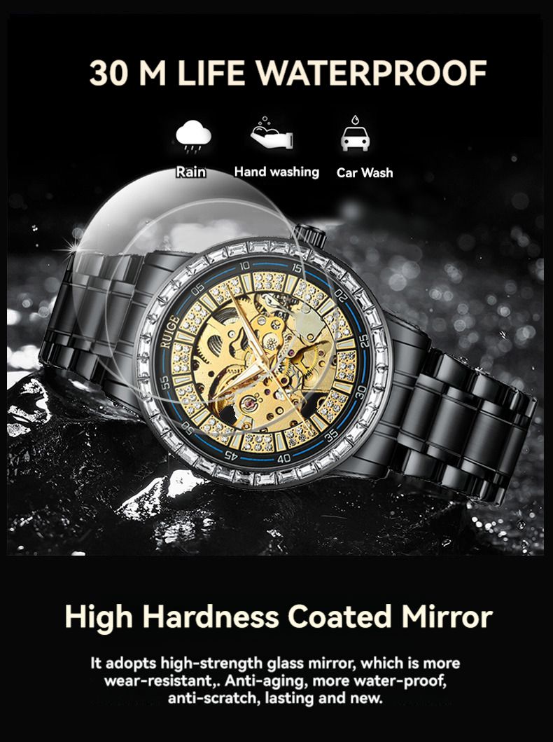 Reloj mecánico automático de lujo RUIGE para hombre, de acero inoxidable, con incrustaciones de diamantes, hueco, con brillo nocturno, resistente al agua, moderno._voghion.com