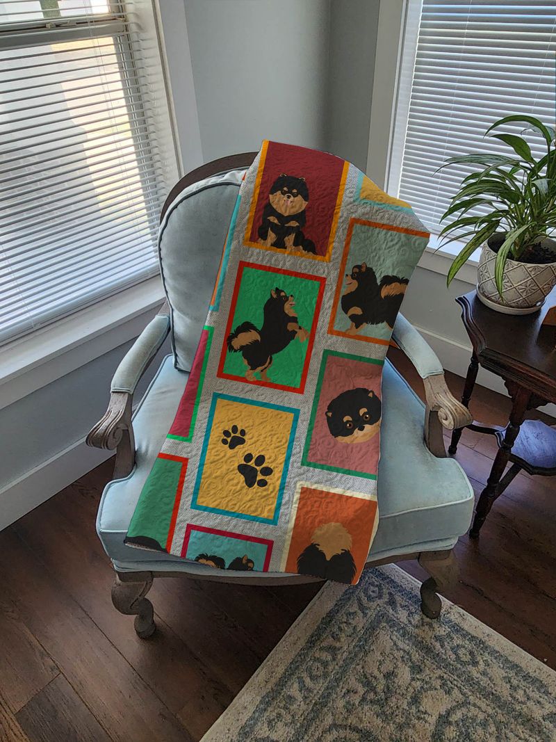 Lots of Black and Tan Pomeranian Quilted Blanket 50x60 Artwork Pattern Quilted Throw Blanket for Bed, Couch, Sofa, Soft and Lightweight_voghion.com
