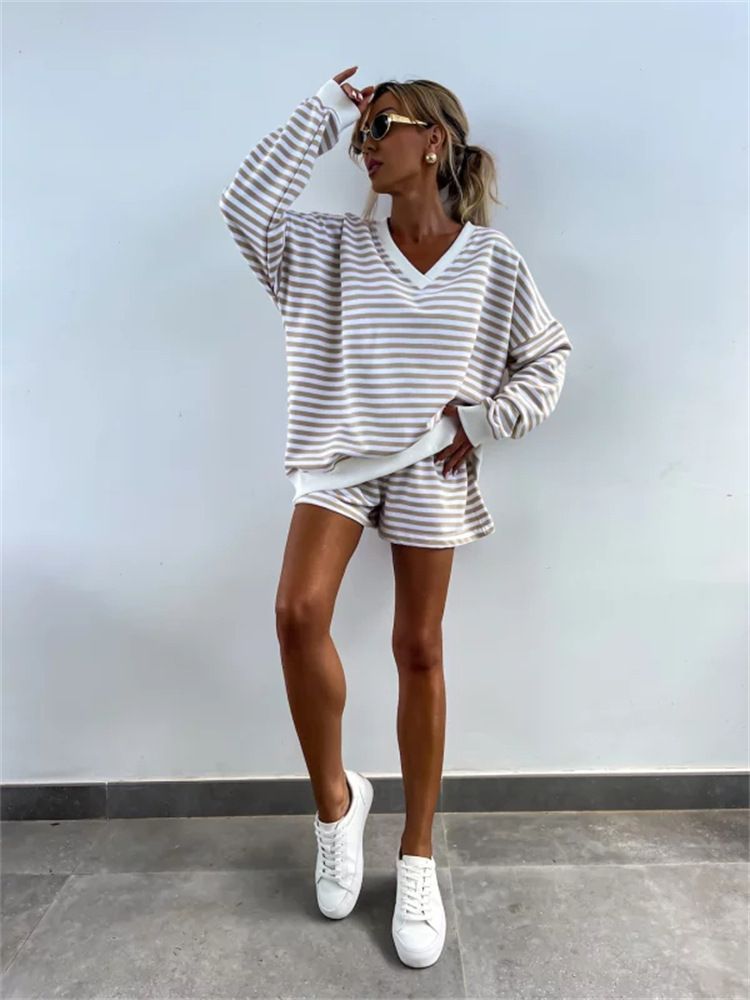 Ensemble 2 pièces décontracté à rayures pour femme, haut ample à manches longues et col en V, short de sport_voghion.com