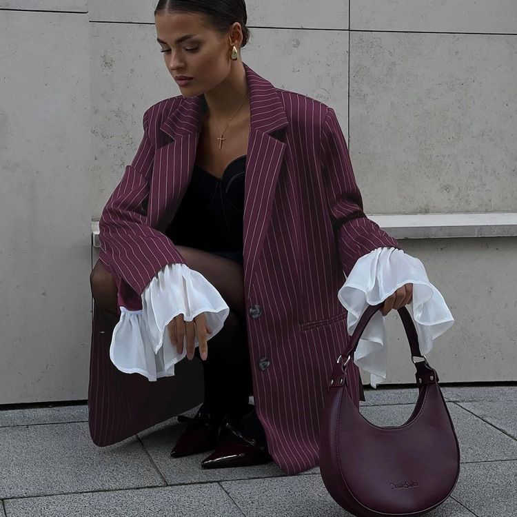 Giacca da abito a righe da donna, elegante blazer a righe con maniche a campana in pizzo – Giacca casual ampia per primavera/autunno in rosso vino_voghion.com