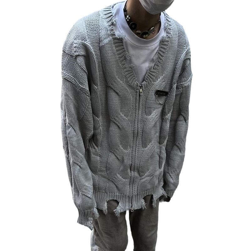 American High Street Frayed Distressed Metallic Color-Block V-Neck Cardigan Sweater Unisex Knitted Jacket Couple Ins_voghion.com