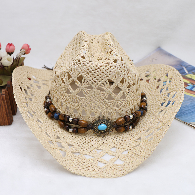 Hand-woven hollowed-out horseflower beach sunshade hats for men and women with cuffed cowboy hats_voghion.com