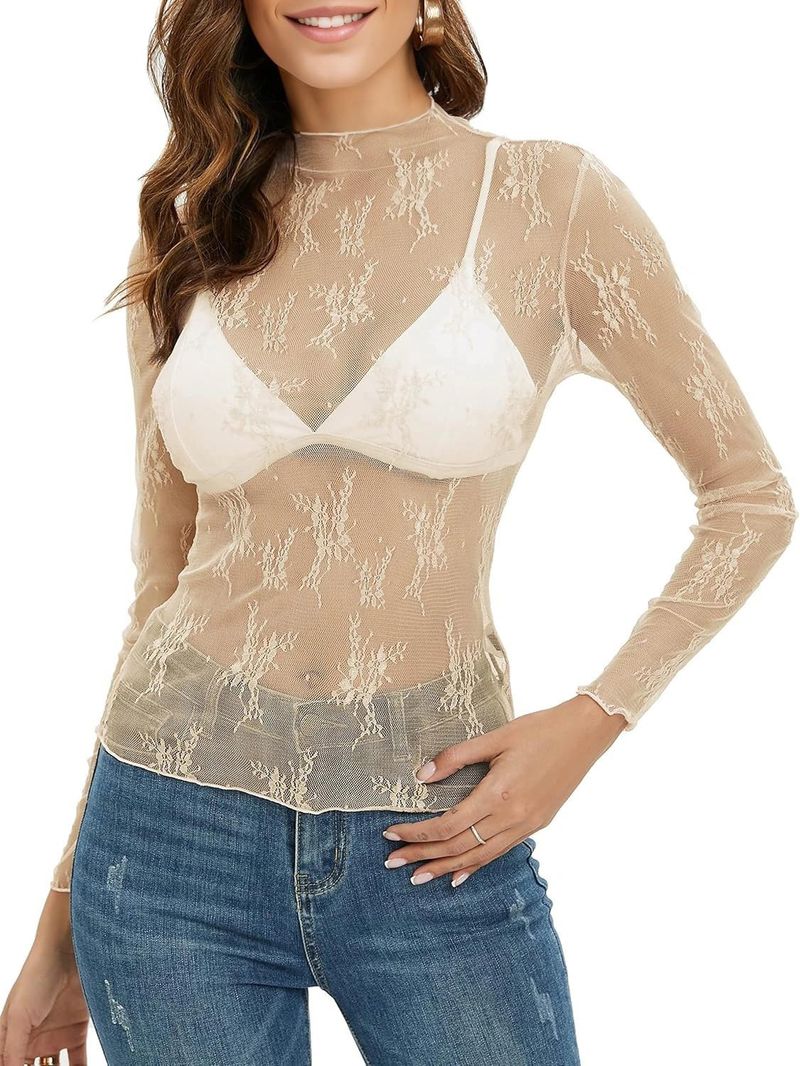 Women's Clothing Half High Neck Perspective Long Sleeved T Shirt Sexy Mesh Top_voghion.com